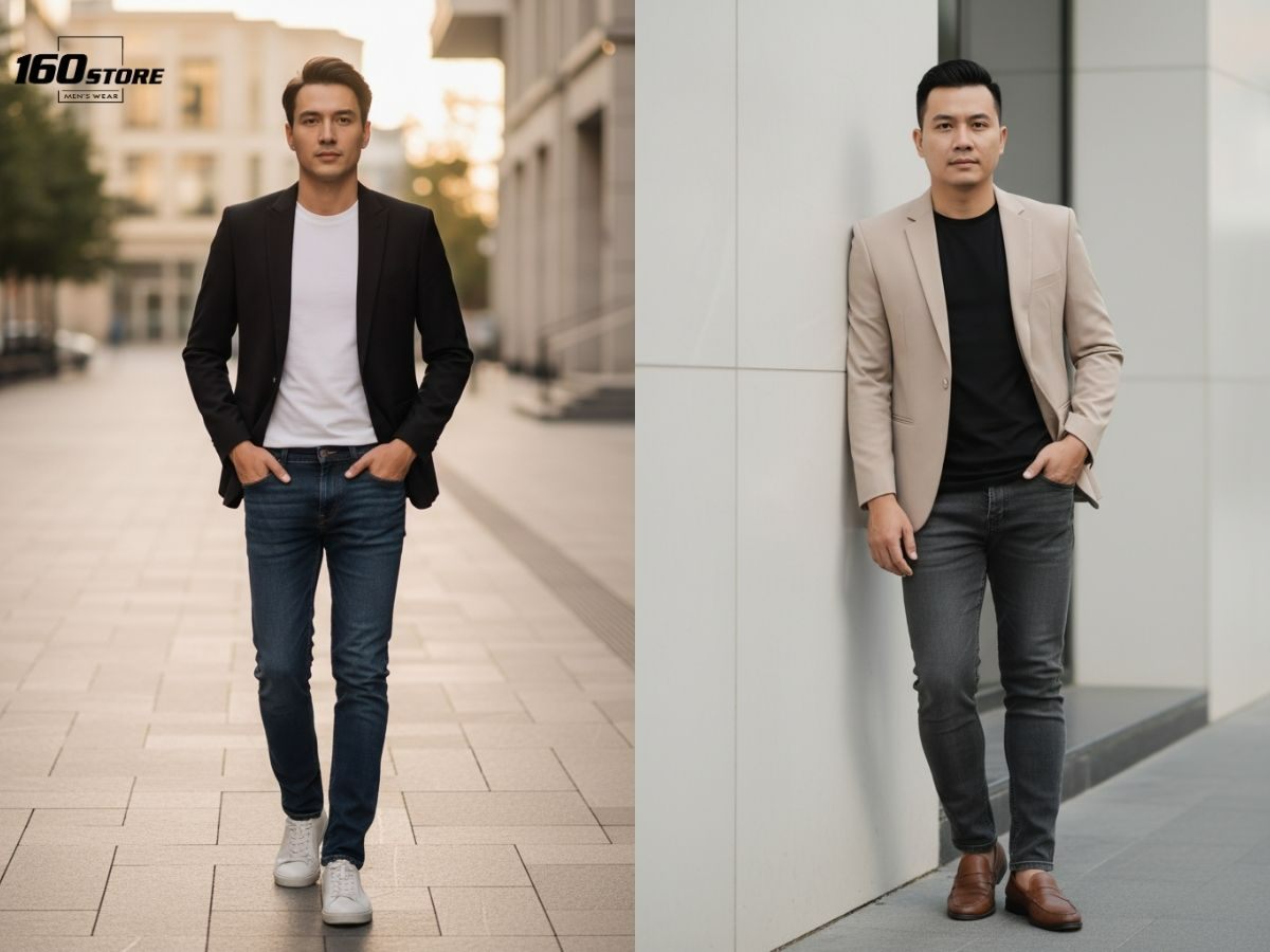 Phối áo thun cổ tròn, blazer và quần jeans tối màu nam cao 1m7