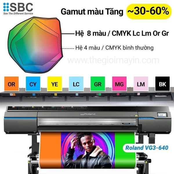 Máy in tem xe 8 màu Roland VG3 có màu Cam, xanh lá giúp tăng rộng lên gần 60% màu