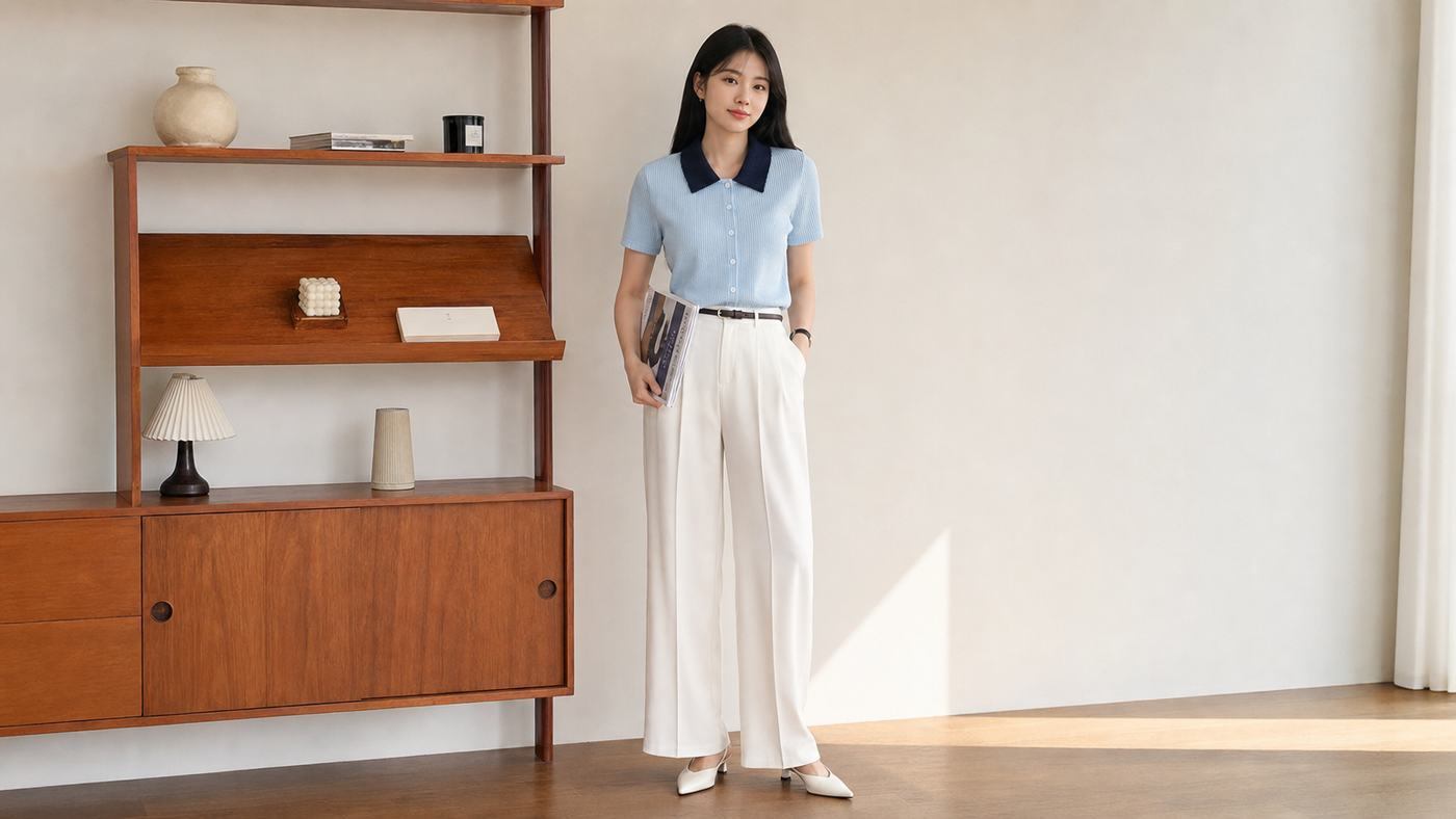 Phối đồ công sở với áo polo dệt kim và quần ống đứng tối giản
