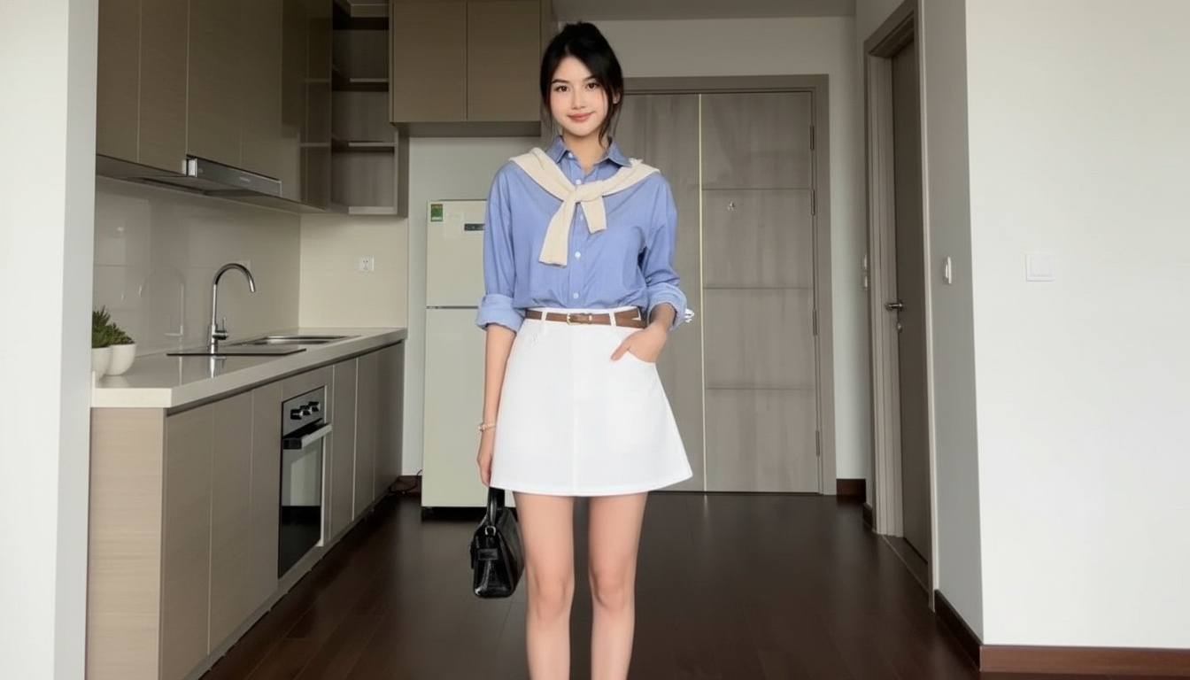 Áo sơ mi phối chân váy chữ A nữ tính và trẻ trung