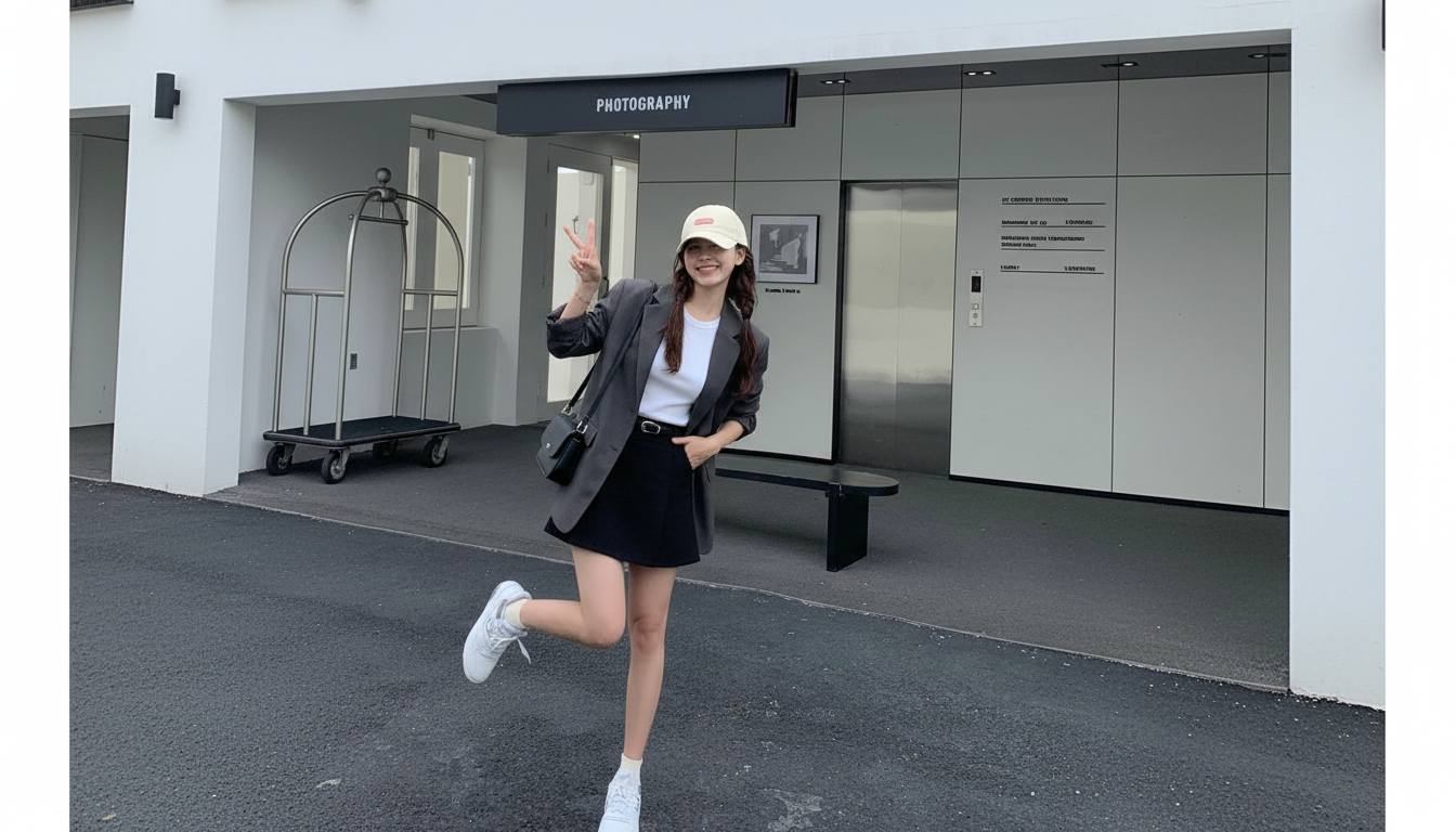 Chân váy ngắn phối blazer và áo thun ôm theo phong cách smart casual