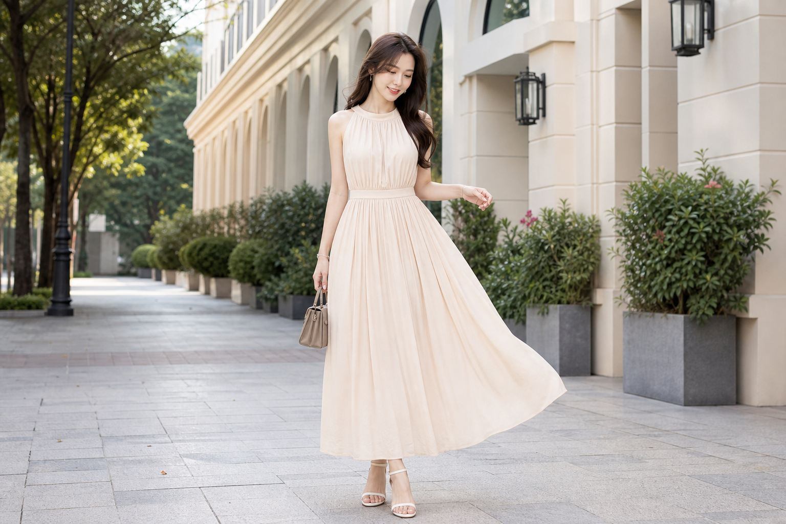 Đầm maxi đi biển màu sáng theo tinh thần nghỉ dưỡng