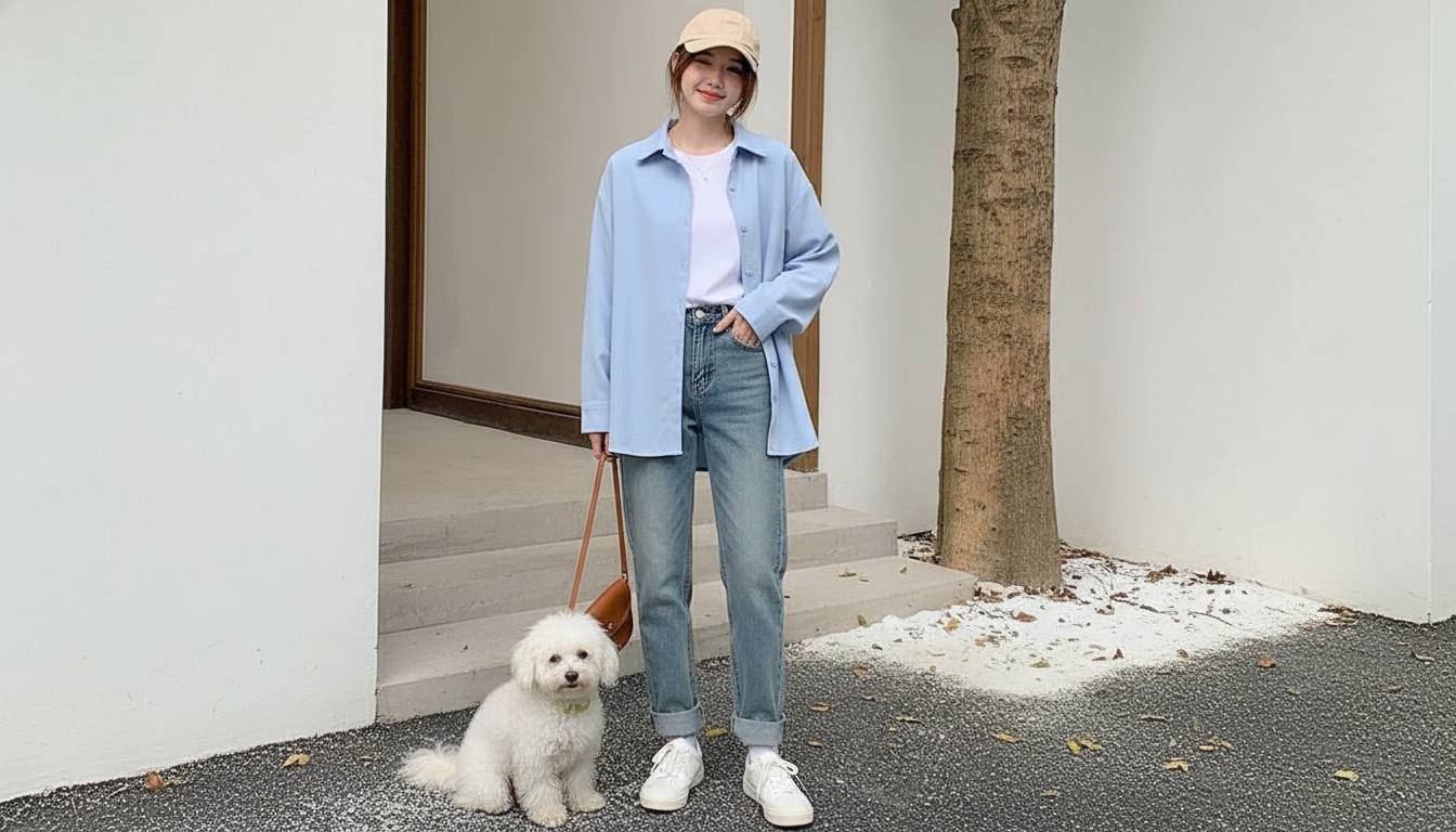 Áo thun sáng màu phối sơ mi pastel cùng quần jean sáng nhẹ nhàng