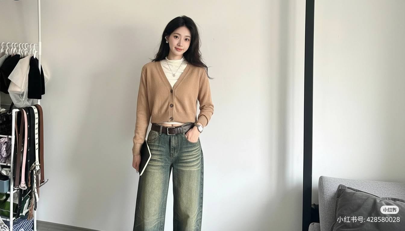 Quần jean ống đứng phối cardigan mỏng nhẹ nhàng