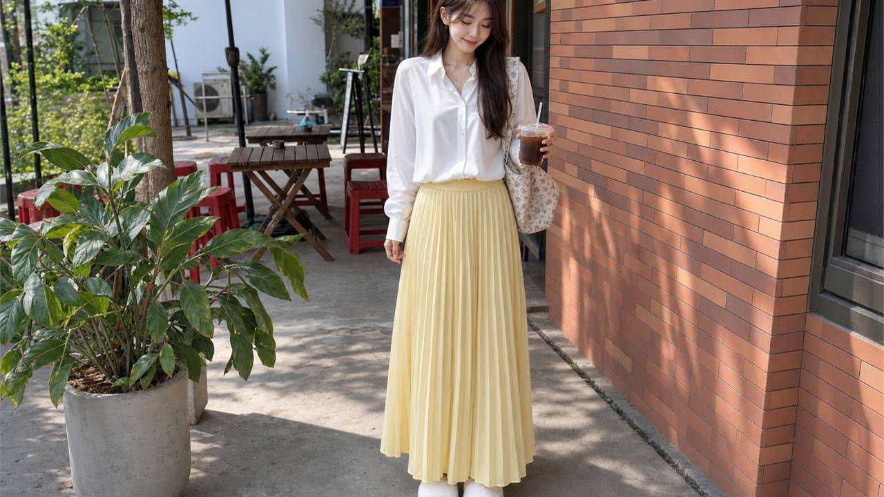 Sơ mi trắng hoặc sơ mi chất mềm giúp chân váy vàng nhìn thanh và sáng hơn