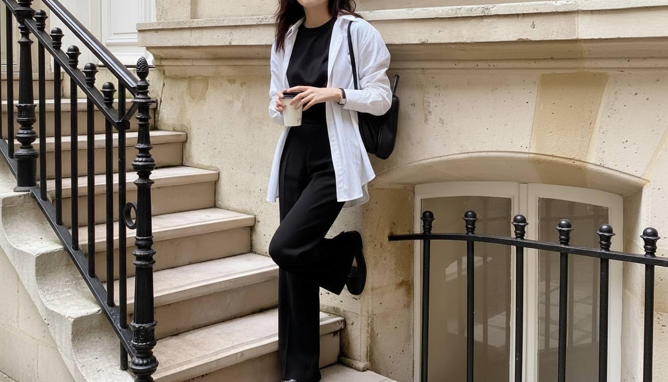 Áo thun đen phối sơ mi trắng khoác ngoài cùng quần đen tối giản