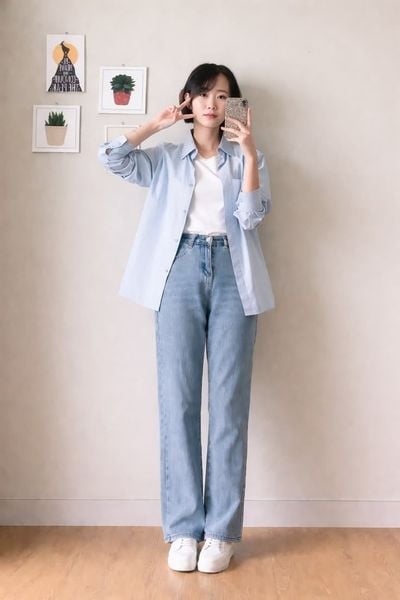 Áo thun trắng phối sơ mi xanh nhạt cùng quần jean nữ trẻ trung