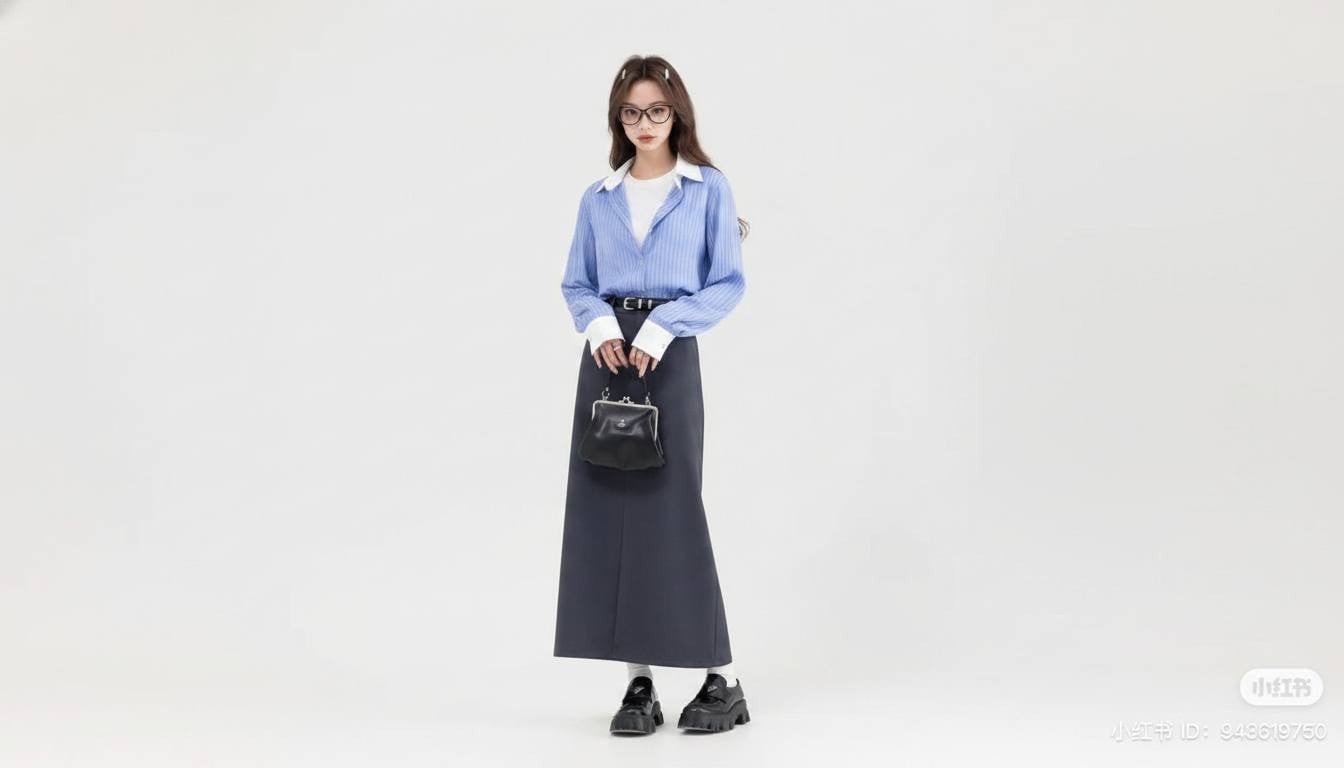 Áo thun trơn phối sơ mi kẻ sọc cùng chân váy jean dài hiện đại