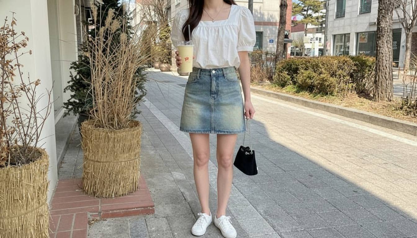 Chân váy ngắn phối áo blouse tay bồng nhẹ nữ tính và gọn gàng