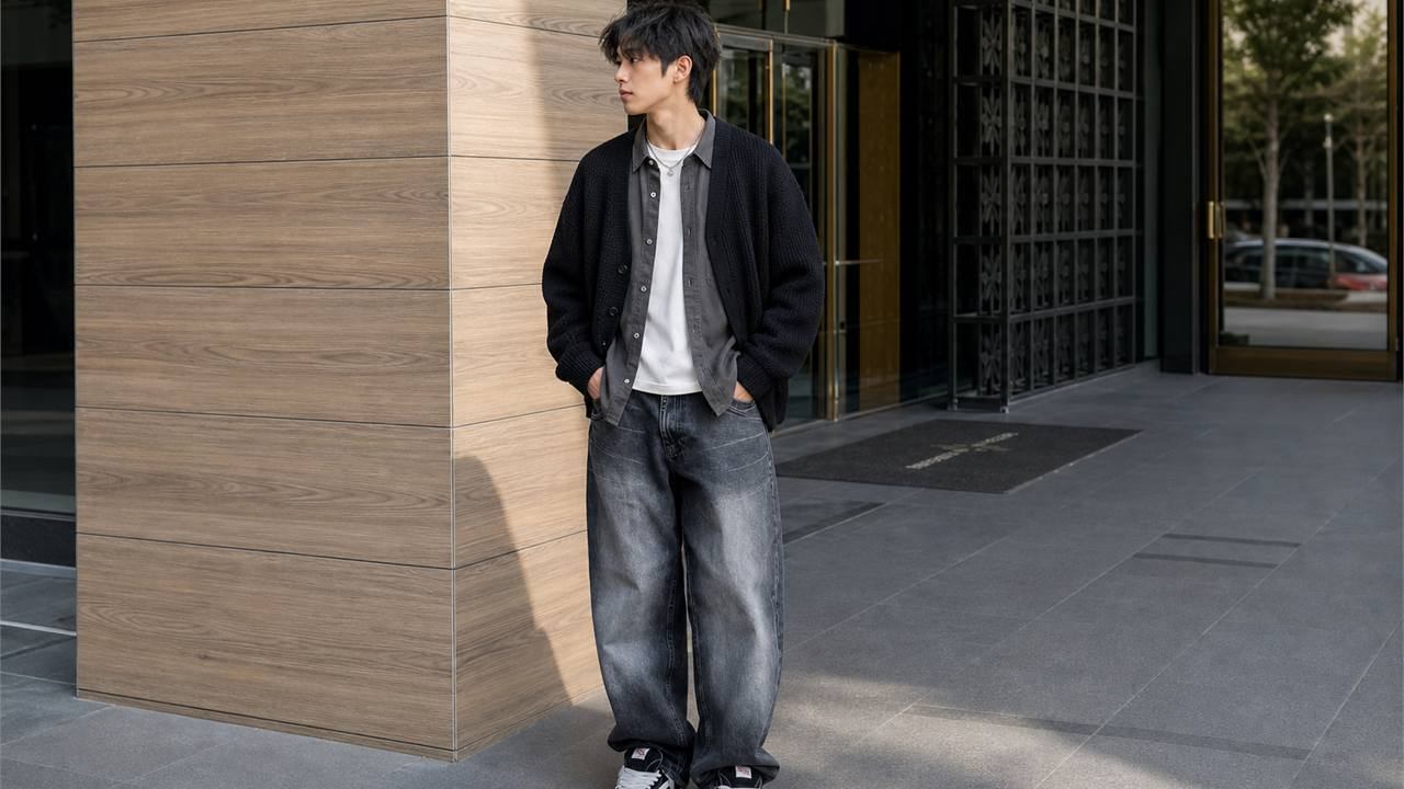 Phối quần ống rộng nam với layering nhiều lớp nhưng vẫn tiết chế tỷ lệ