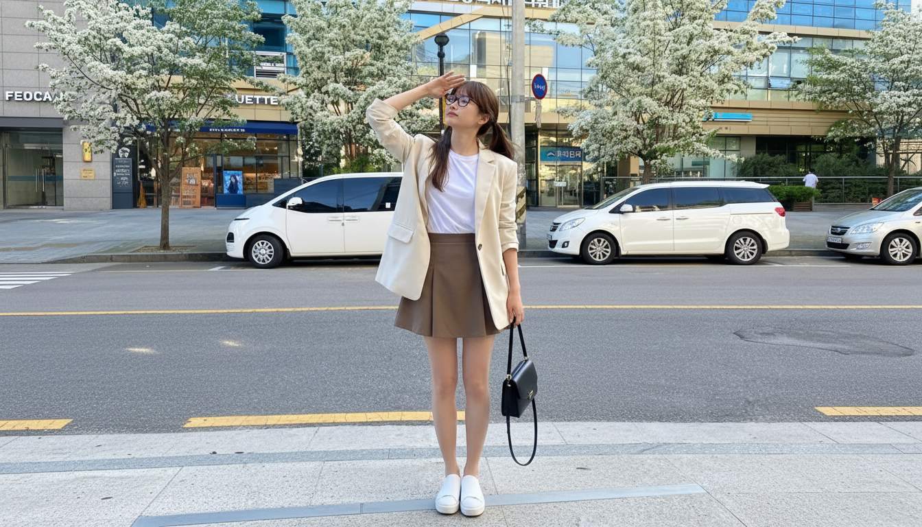 Chân váy xòe ngắn phối áo blazer hiện đại