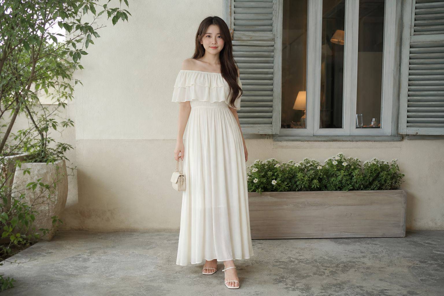 Đầm maxi trễ vai đi biển nữ tính