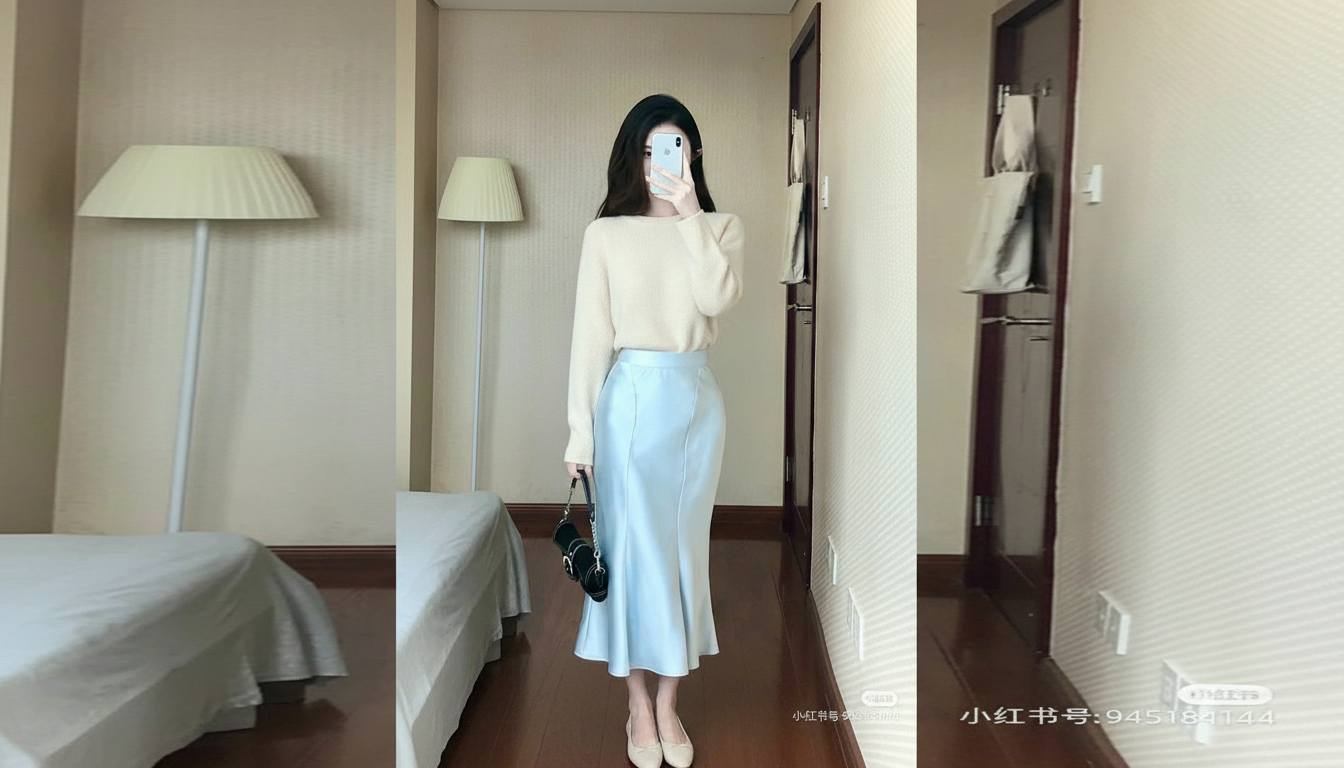 Chân váy lụa phối áo len mỏng nhẹ nhàng theo phong cách Hàn Quốc