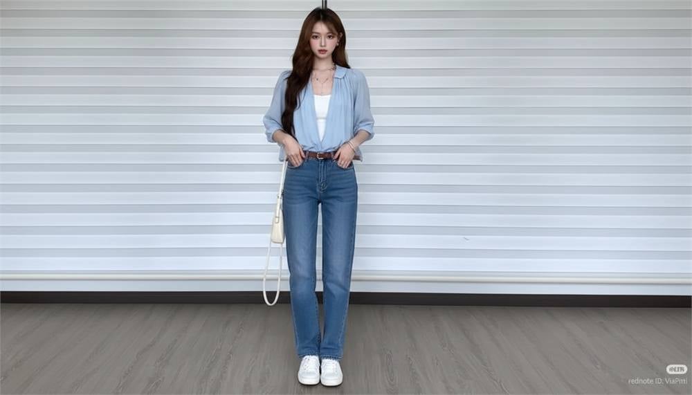 Quần jean ống đứng phối áo blouse mềm nữ tính