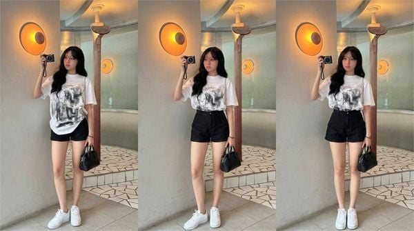 Áo thun form rộng nữ sơ vin với quần hoặc váy cạp cao