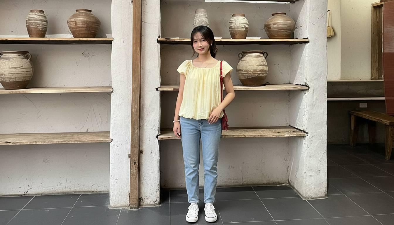 Áo baby doll phối quần jeans dài trẻ trung và gọn nhẹ