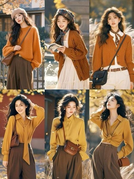 20 cách phối màu quần áo nữ và chọn màu Vàng mù tạt + Nâu socola