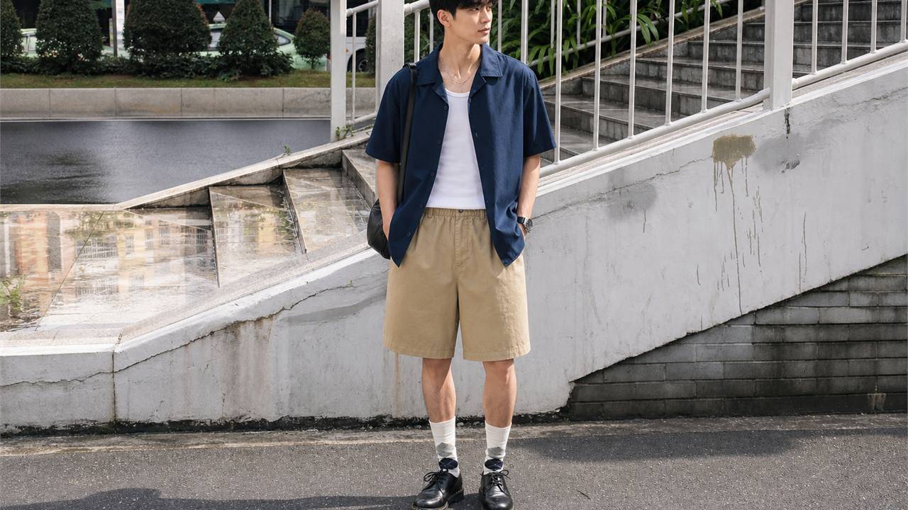 Tank top nam phối với sơ mi khoác ngoài và quần short