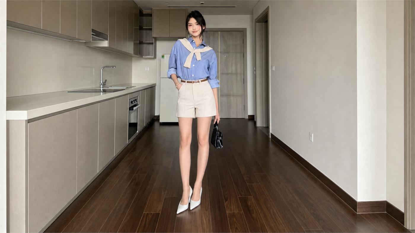 Phối quần short nữ với áo sơ mi sơ vin gọn gàng thanh lịch
