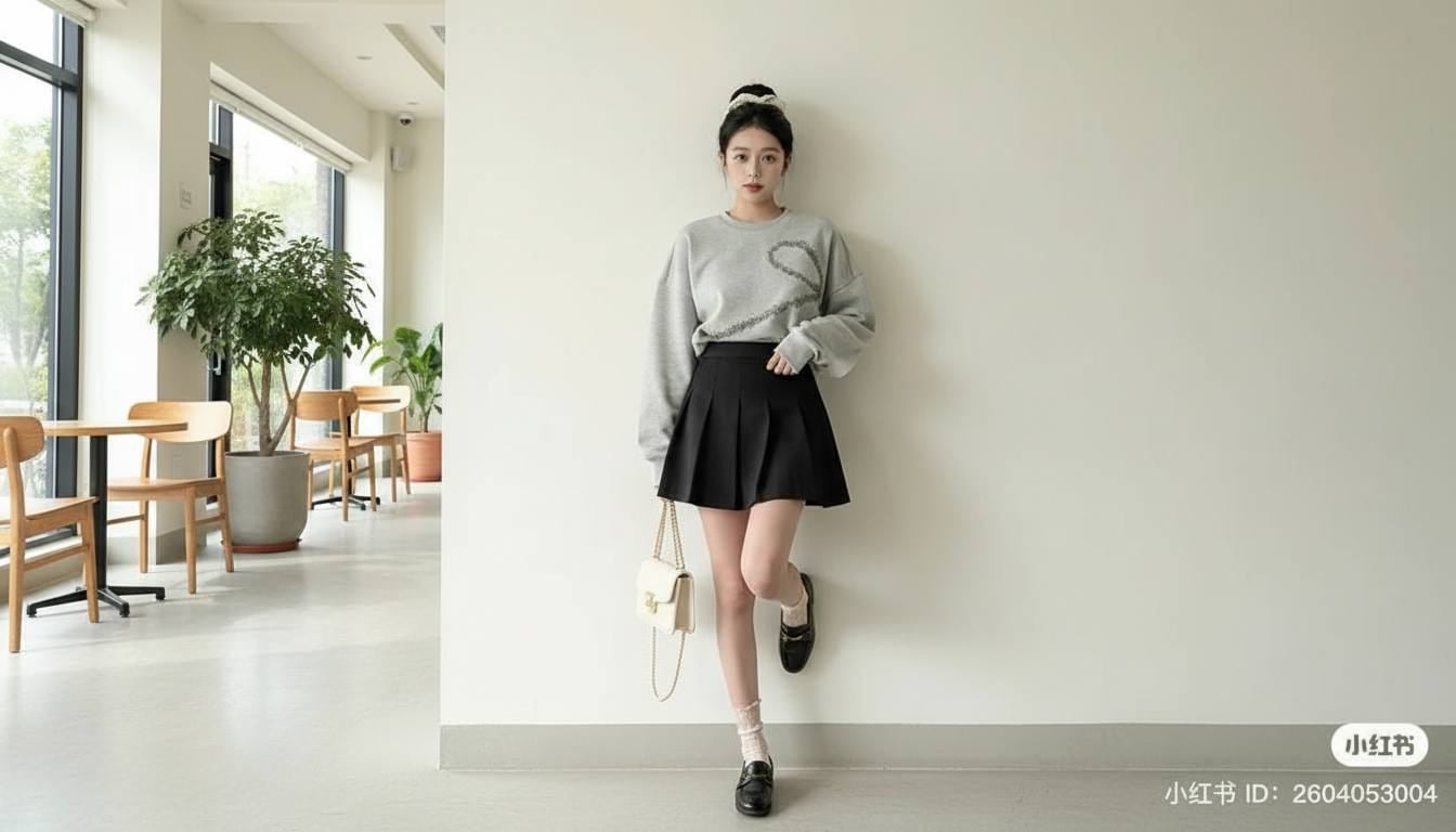 Chân váy xòe ngắn phối áo len ôm gọn gàng