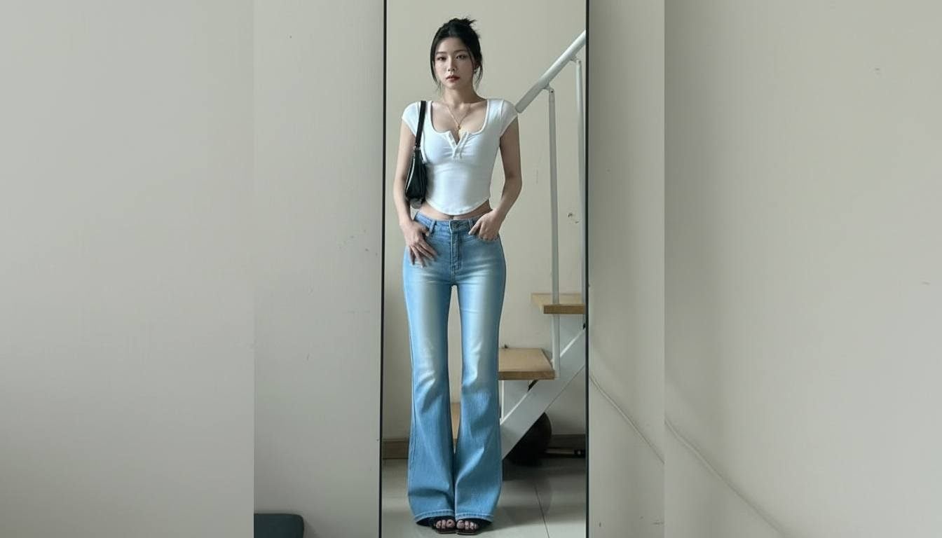 Quần jean ống loe phối croptop hiện đại và làm rõ vòng eo