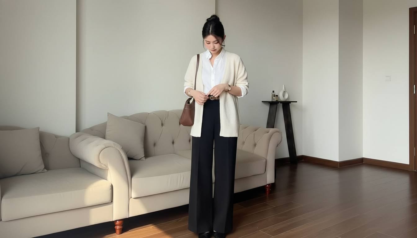 Áo sơ mi phối cardigan hoặc gile tạo layer dịu và có chiều sâu