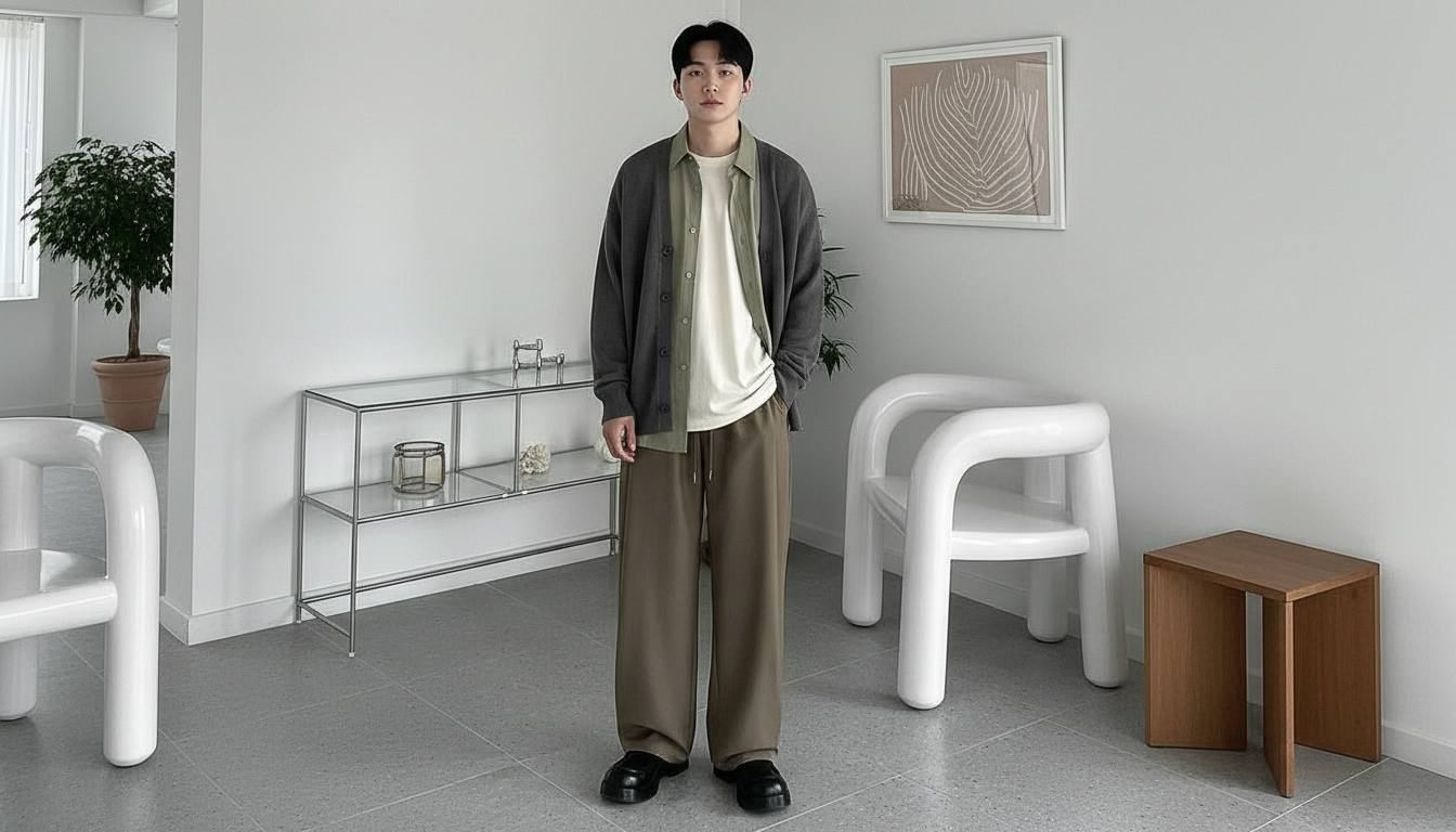 Quần ống suông nam phối áo cardigan mềm mại và tinh tế