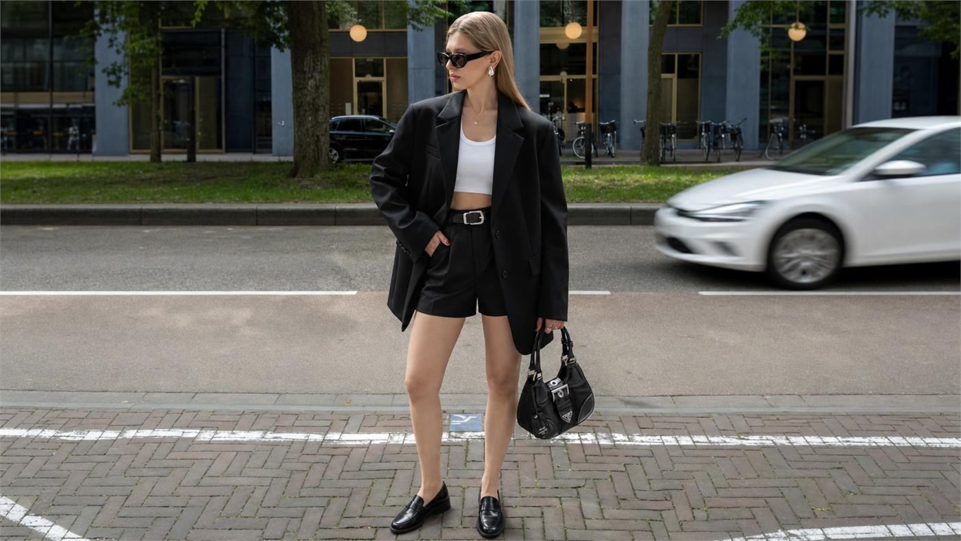 Phối quần short nữ với áo blazer khoác ngoài thời trang