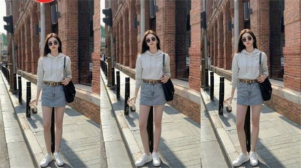 Chân váy jean ngắn phối hoodie dáng gọn năng động