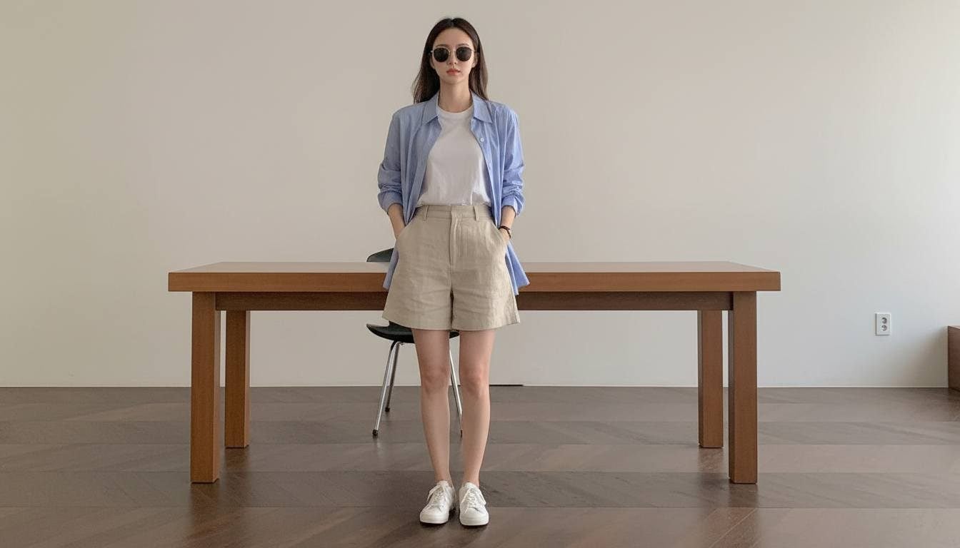 Áo thun trắng phối sơ mi linen cùng quần short linen cho ngày hè