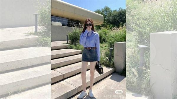 Chân váy jean ngắn phối áo blouse tay bồng nữ tính