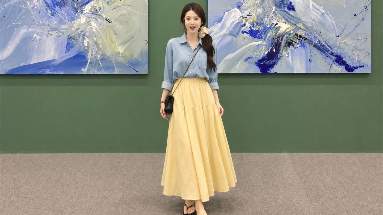 Chân váy vàng phối với áo xanh denim hoặc xanh nhạt tạo cảm giác tươi và gần gũi