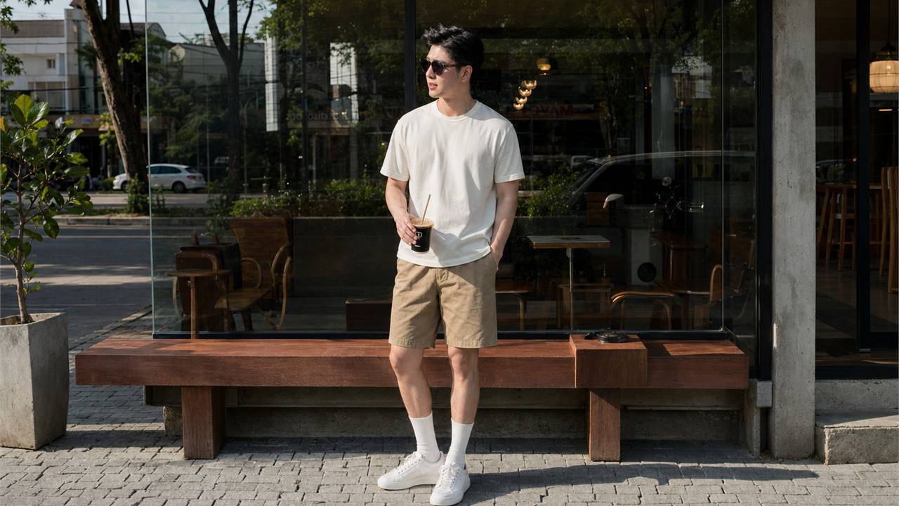 Áo thun trơn phối với quần short kaki nam gọn gàng