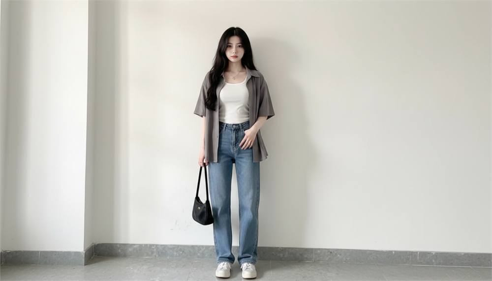 Quần jean ống đứng phối áo hai dây và sơ mi khoác ngoài