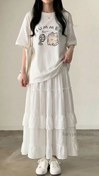 Áo thun form rộng nữ phối chân váy dài suông hoặc midi thanh lịch