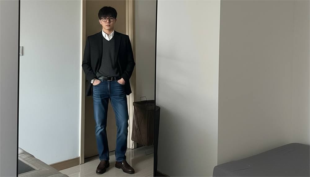 Quần jean ống đứng phối blazer theo phong cách thanh lịch gọn gàng