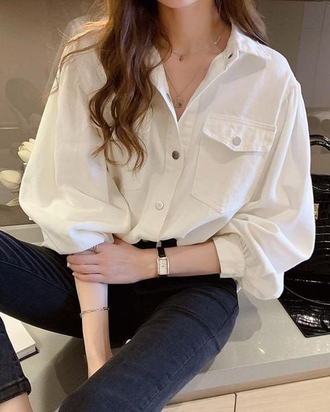 Các kiểu áo sơ mi nữ tay lỡ đẹp - Trắng