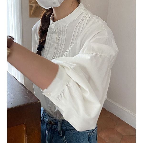 Các kiểu áo sơ mi nữ tay lỡ đẹp - cổ tàu