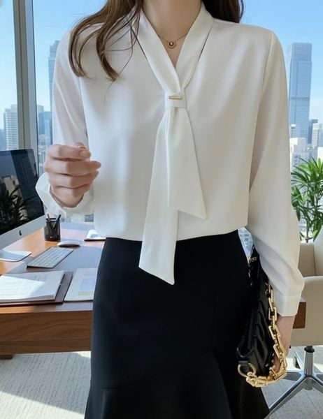 Các mẫu áo sơ mi nữ cách điệu đẹp - Áo sơ mi nữ cách điệu cổ nơ