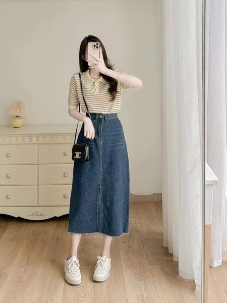 Cắch phối đồ với áo polo nữ - kết hợp chân váy denim