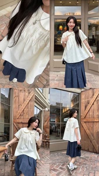 Cách phối đồ với chân váy dài qua gối - áo kiểu nữ tính