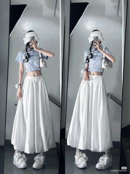Cách phối đồ với chân váy dài qua gối - croptop hoặc áo dáng lửng