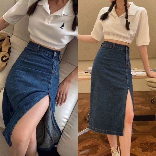 Chân váy jean dài phối với áo gì - áo polo