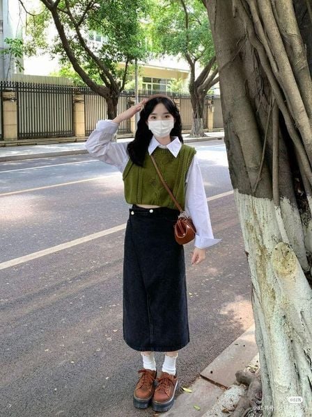 Chân váy jean dài Phối theo hoàn cảnh