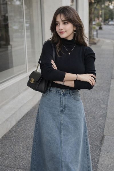 Chân váy jean dài phối với áo gì - áo len cổ lọ