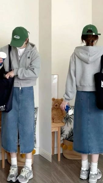 Chân váy jean dài phối với áo gì - áo hoodie trơn