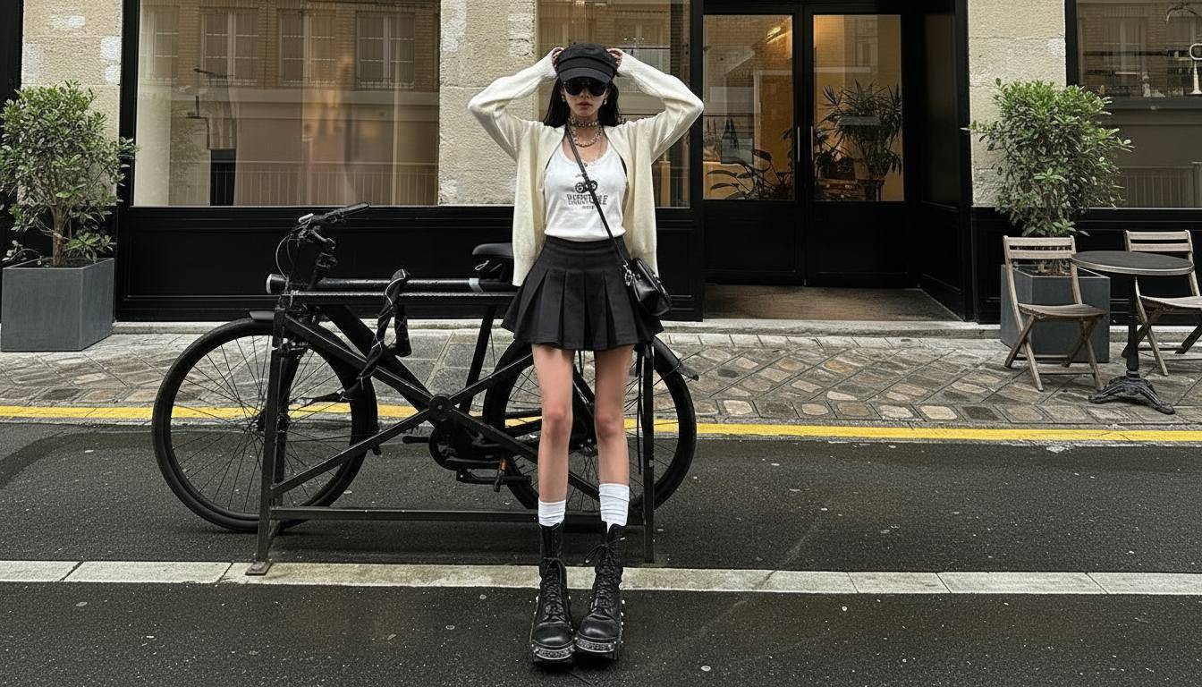 Chân váy xòe ngắn phối áo cardigan nhẹ nhàng