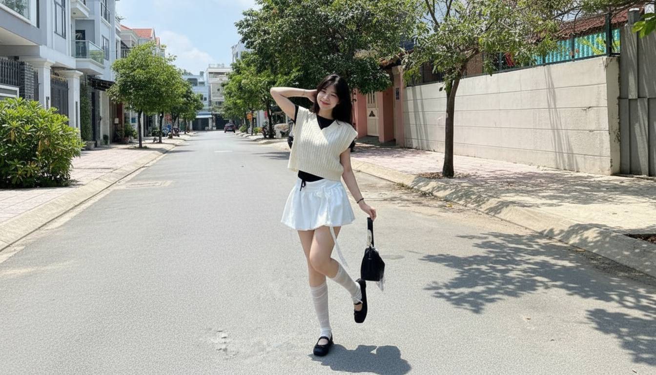 Chân váy xòe ngắn phối áo gile len trẻ trung