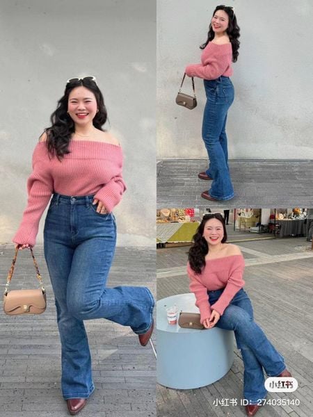 Chubby girl với Áo len trễ vai + quần culottes