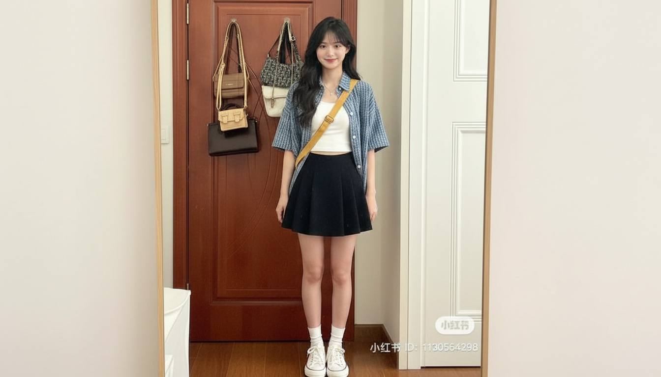 Chân váy ngắn phối áo croptop kín đáo cùng sơ mi khoác ngoài trẻ trung